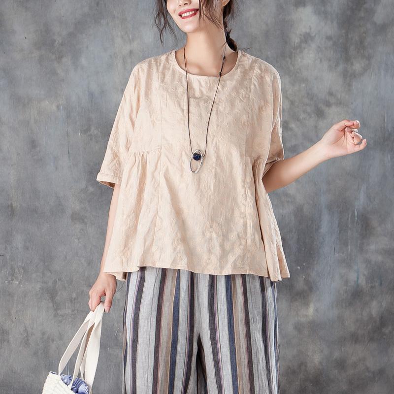 women linen tops oversized Loose Round Neck 12 Sleeve Linen Cotton Beige Tops - Omychic