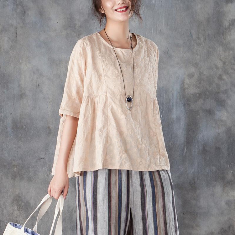 women linen tops oversized Loose Round Neck 12 Sleeve Linen Cotton Beige Tops - Omychic