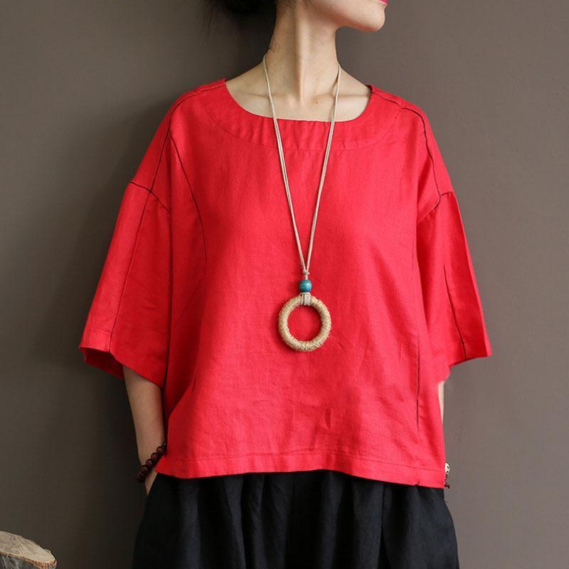 women natural linen t shirt Loose fitting Loose Round Neck 12 Sleeve Women Red Tops - Omychic