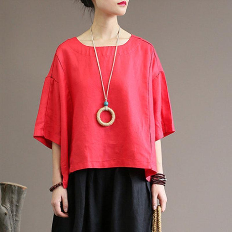 women natural linen t shirt Loose fitting Loose Round Neck 12 Sleeve Women Red Tops - Omychic