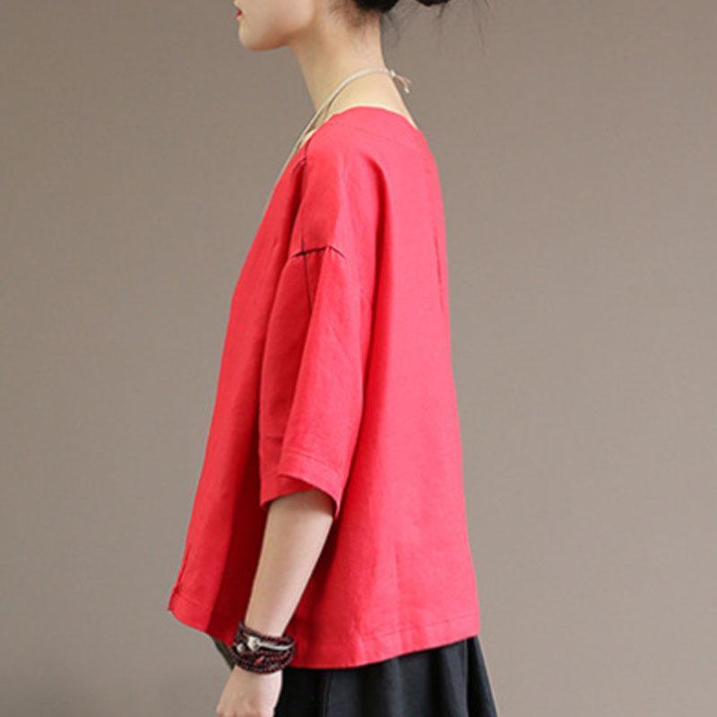 women natural linen t shirt Loose fitting Loose Round Neck 12 Sleeve Women Red Tops - Omychic