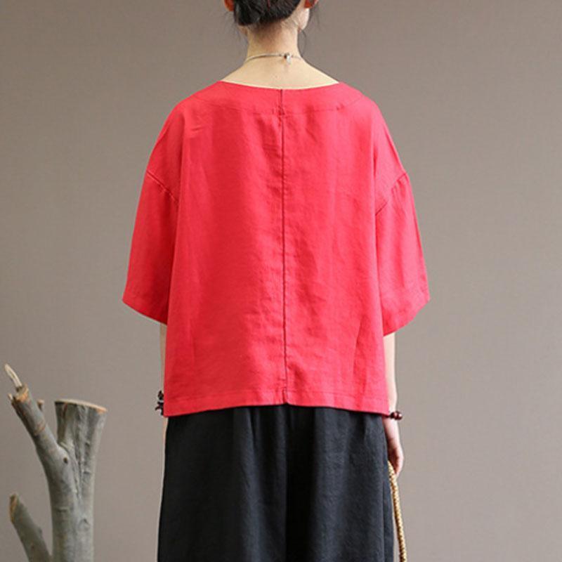 women natural linen t shirt Loose fitting Loose Round Neck 12 Sleeve Women Red Tops - Omychic