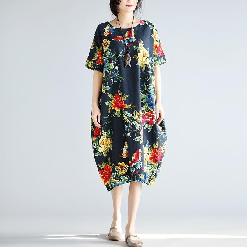 women navy linen shift dresses trendy plus size holiday dresses New short sleeve floral linen dress - Omychic