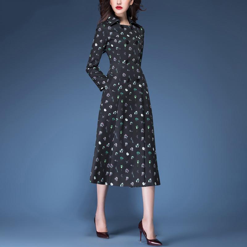 women new prints cotton blended trench coats slim fit double breast elegant coat - Omychic