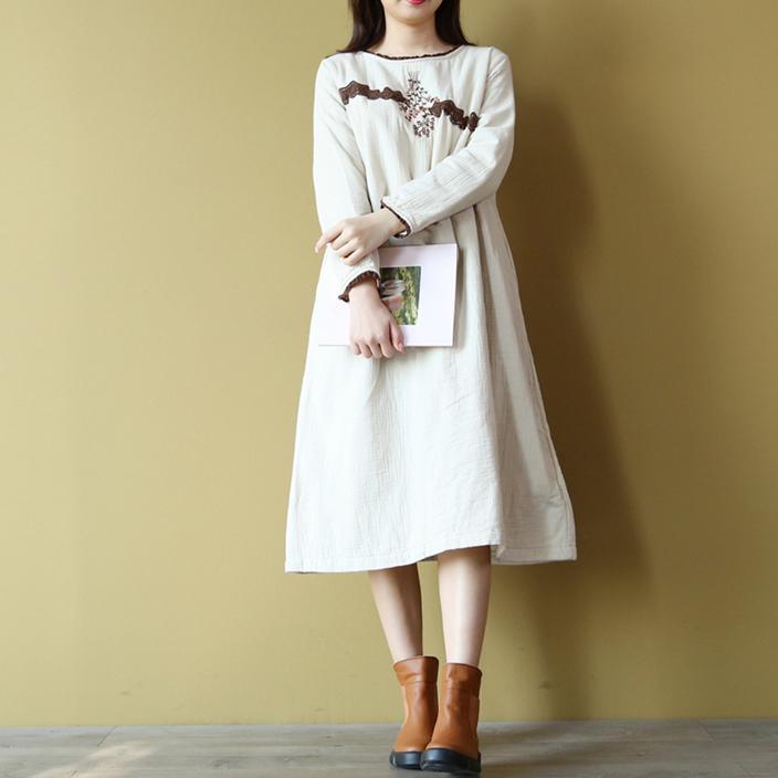 women nude  Midi-length cotton dress Loose fitting cotton maxi dress boutique long sleeve embroidery cotton dresses - Omychic