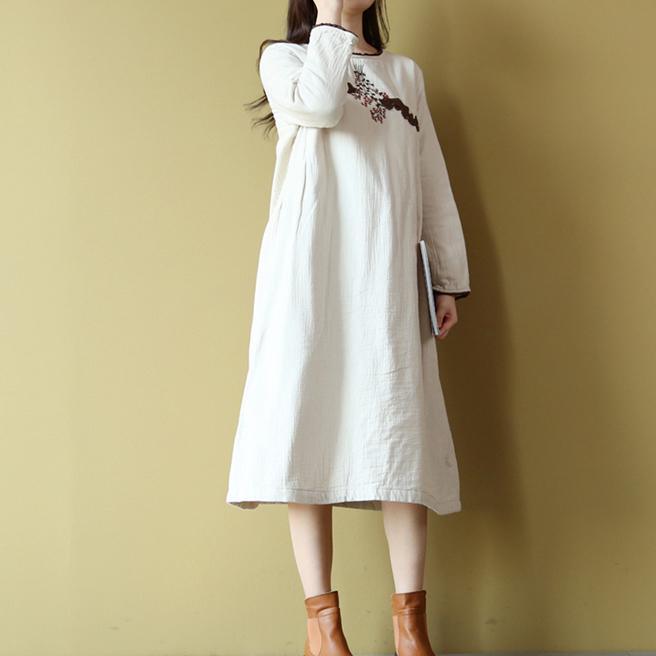 women nude  Midi-length cotton dress Loose fitting cotton maxi dress boutique long sleeve embroidery cotton dresses - Omychic
