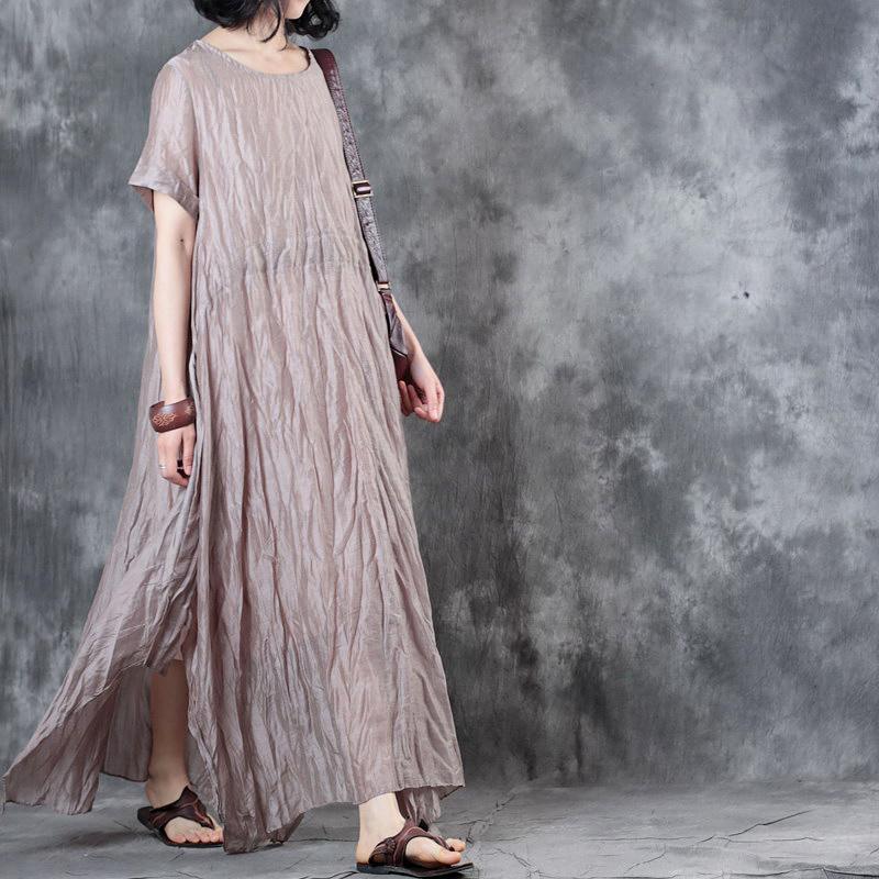 women nude gray  linen dress plus size clothing side open gown casual short sleeve gown - Omychic