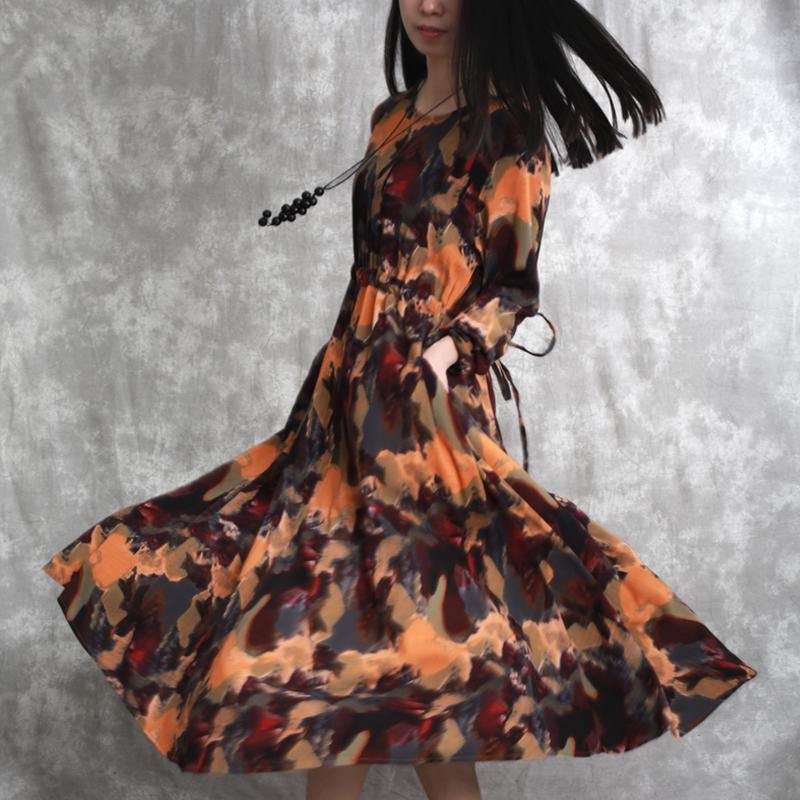 women orange prints long linen dress oversize elastic waist cotton gown 2018 o neck cotton clothing - Omychic