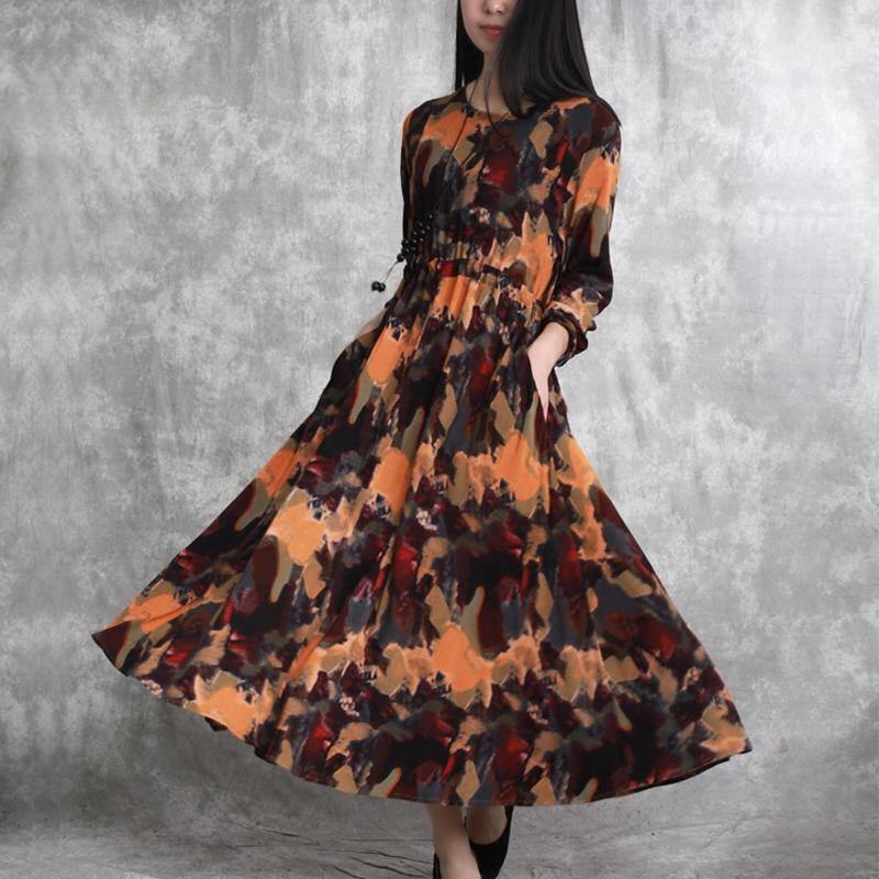 women orange prints long linen dress oversize elastic waist cotton gown 2018 o neck cotton clothing - Omychic