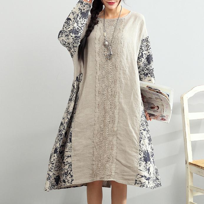 women patchwork prints linen dress plus size traveling clothing Elegant long sleeve embroidery linen dresses - Omychic