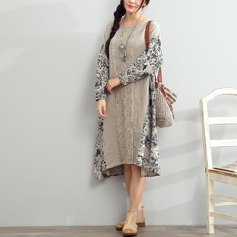 women patchwork prints linen dress plus size traveling clothing Elegant long sleeve embroidery linen dresses - Omychic