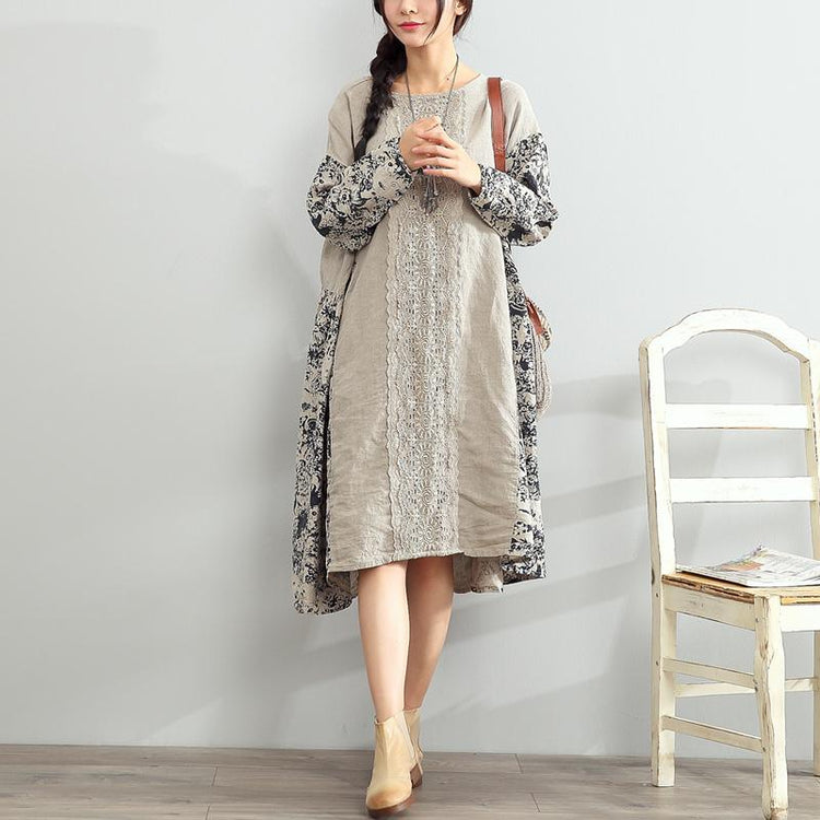 women patchwork prints linen dress plus size traveling clothing Elegant long sleeve embroidery linen dresses - Omychic