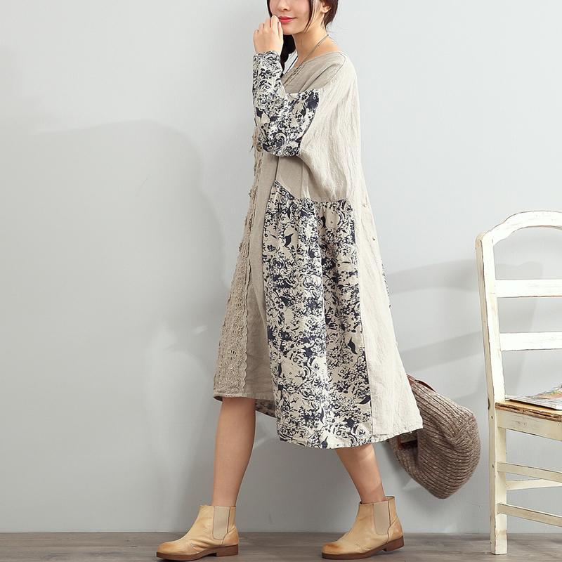 women patchwork prints linen dress plus size traveling clothing Elegant long sleeve embroidery linen dresses - Omychic