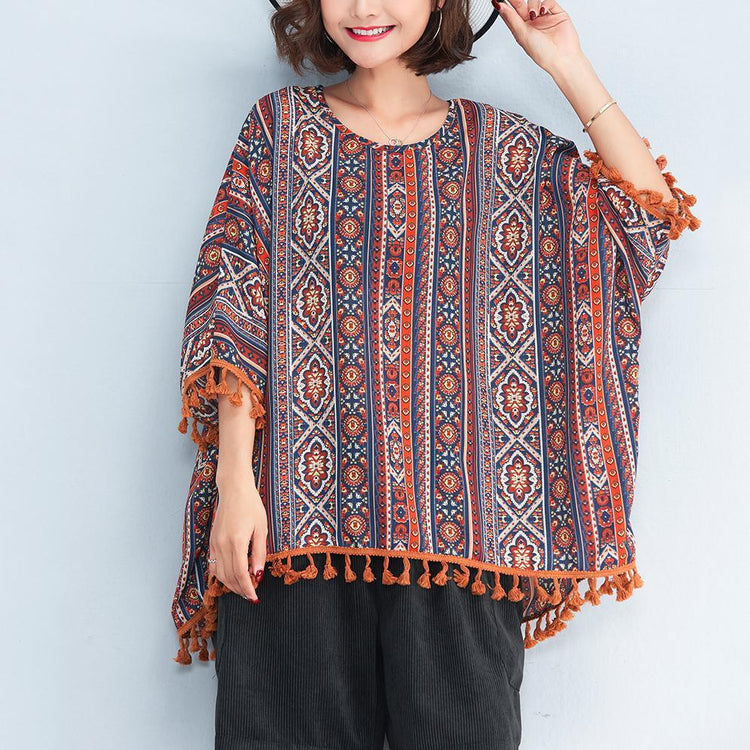 women prints natural cotton t shirt plus size casual cardigans New tassel batwing sleeve natural cotton pullover - Omychic