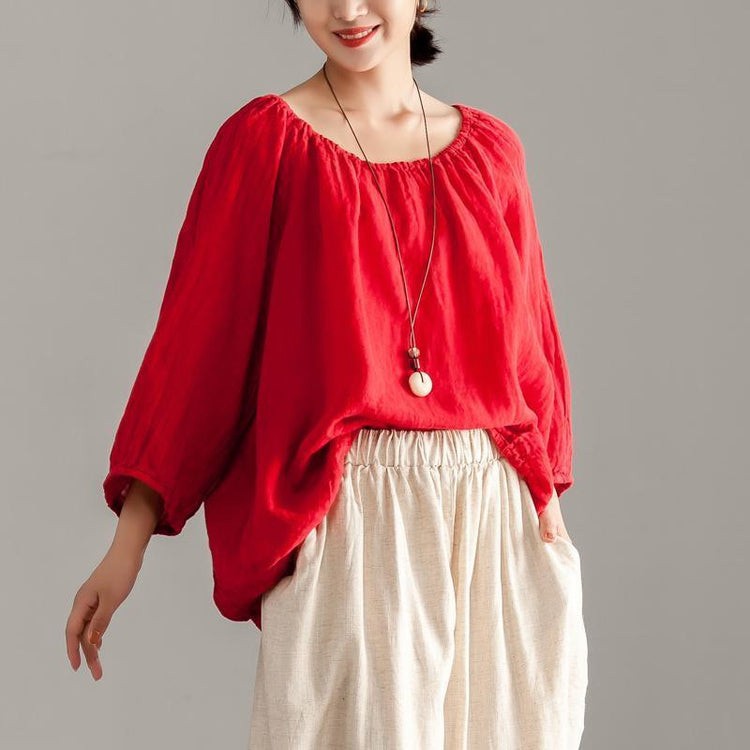 women pure linen tops Loose fitting Long Sleeve Red Casual Linen Boat Neck Blouse - Omychic