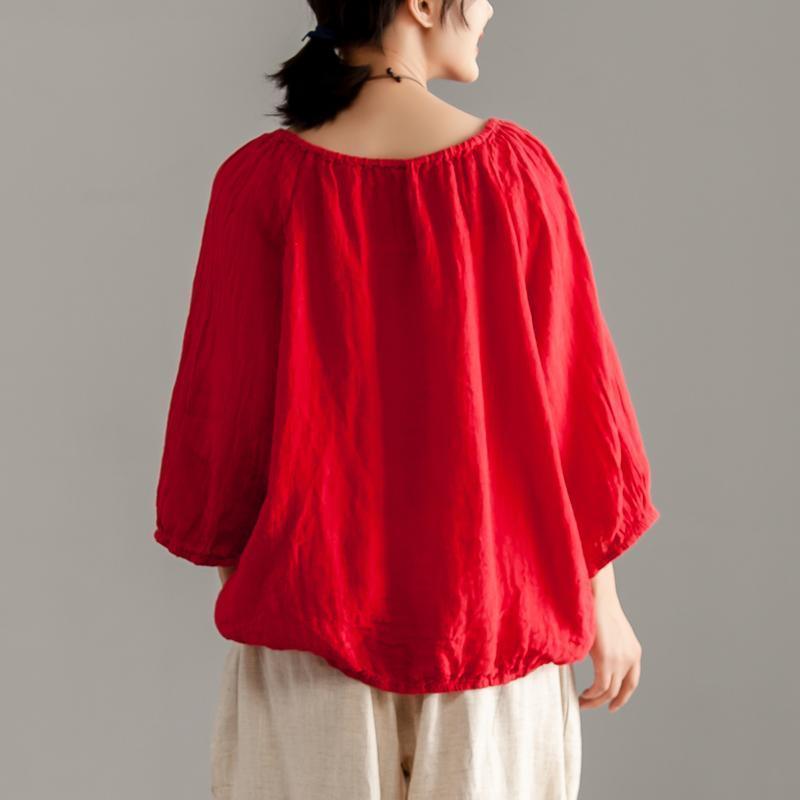 women pure linen tops Loose fitting Long Sleeve Red Casual Linen Boat Neck Blouse - Omychic