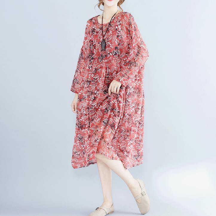 women red floral chiffon dress plus size clothing dresses long sleeve two pieces and cotton sleeveless dress - Omychic