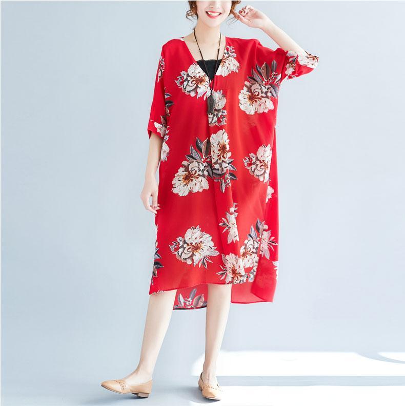 women red floral pure chiffon dresses   casual traveling clothing casual v neck low high design cotton dress - Omychic