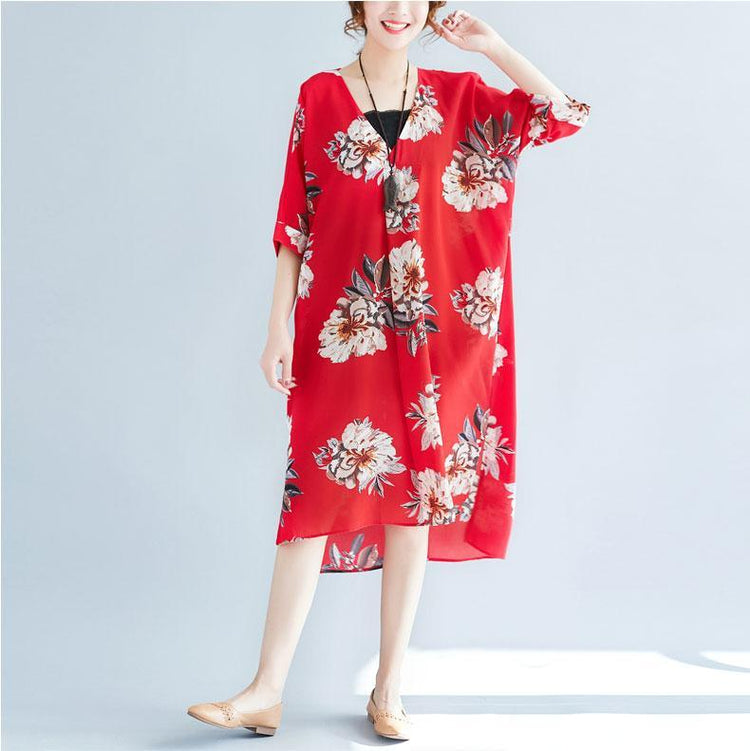 women red floral pure chiffon dresses   casual traveling clothing casual v neck low high design cotton dress - Omychic