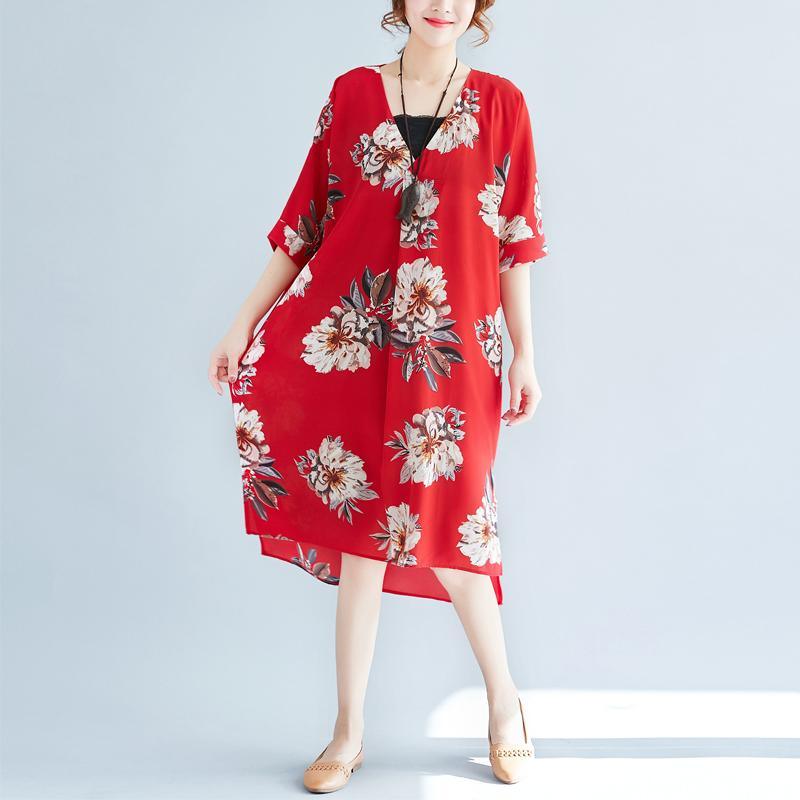 women red floral pure chiffon dresses   casual traveling clothing casual v neck low high design cotton dress - Omychic