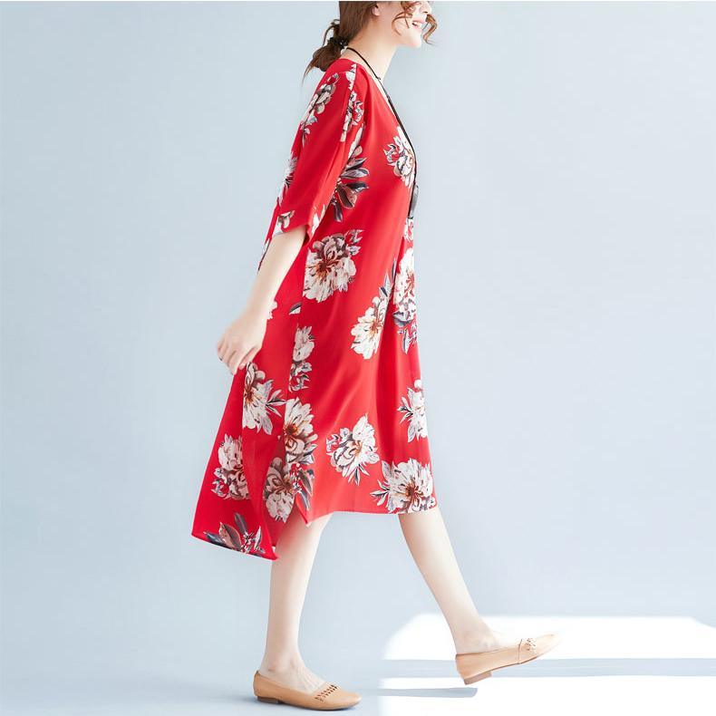 women red floral pure chiffon dresses   casual traveling clothing casual v neck low high design cotton dress - Omychic