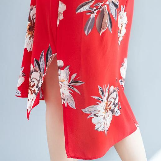 women red floral pure chiffon dresses   casual traveling clothing casual v neck low high design cotton dress - Omychic