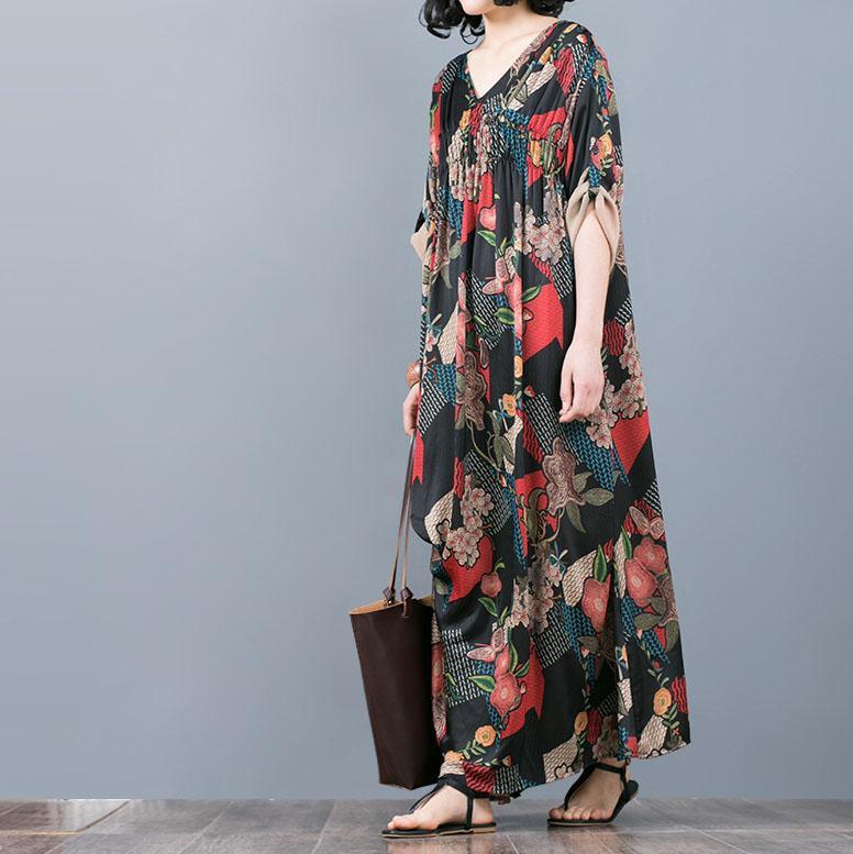 women red floral silk dresses plus size wrinkled asymmetric silk clothing dress 2018 v neck caftans - Omychic