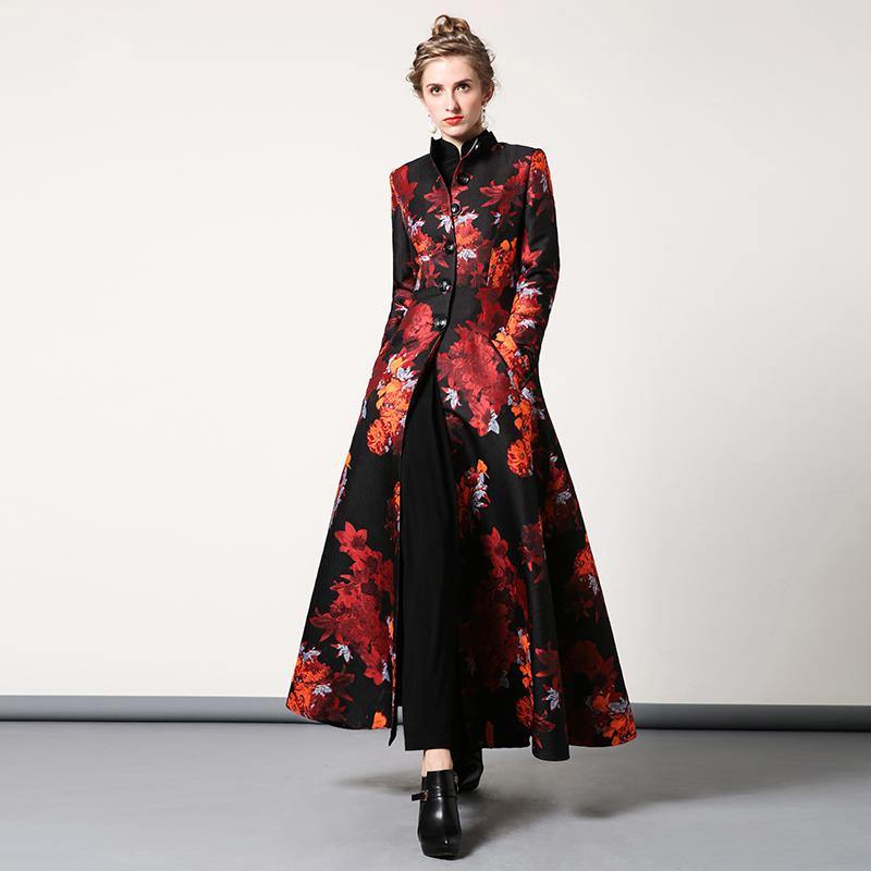 women red floral vintage cotton blended long coats large hem stand collar slim fit maxi trench coat - Omychic