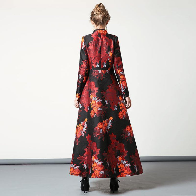women red floral vintage cotton blended long coats large hem stand collar slim fit maxi trench coat - Omychic