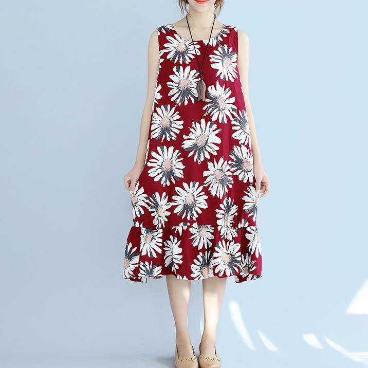 women red linen dresses oversize traveling dress Fine sleeveless floral cotton dresses - Omychic