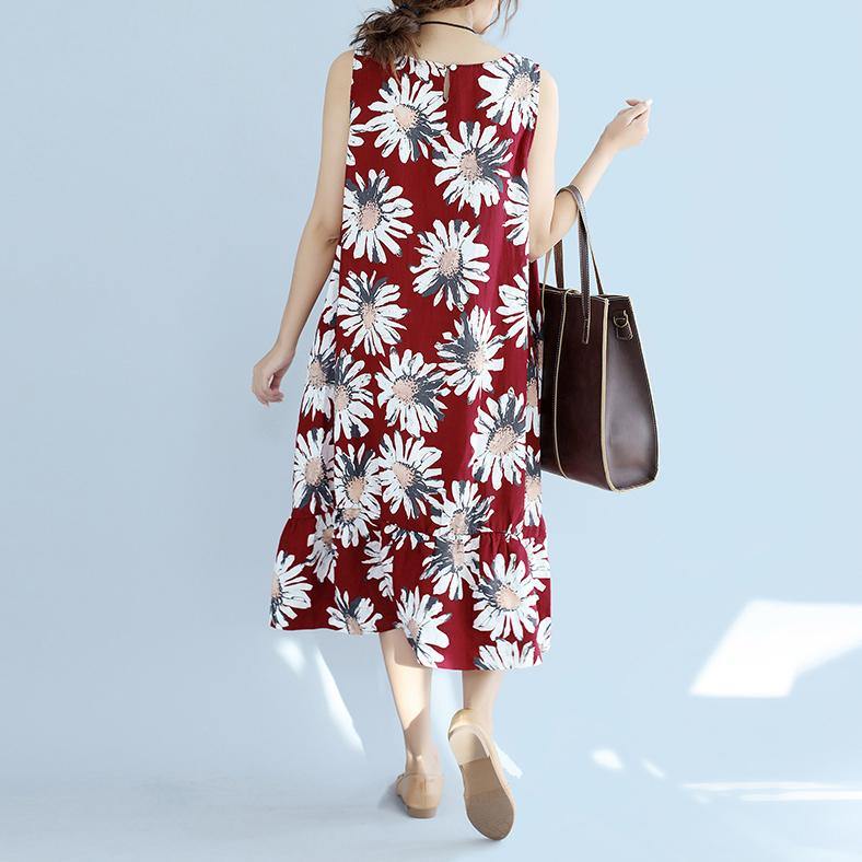 women red linen dresses oversize traveling dress Fine sleeveless floral cotton dresses - Omychic