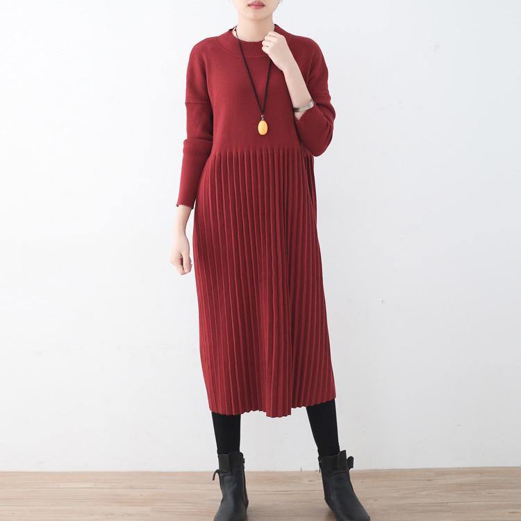 women red long sweaters oversized o neck sweater top quality wrinkled fall dresses - Omychic