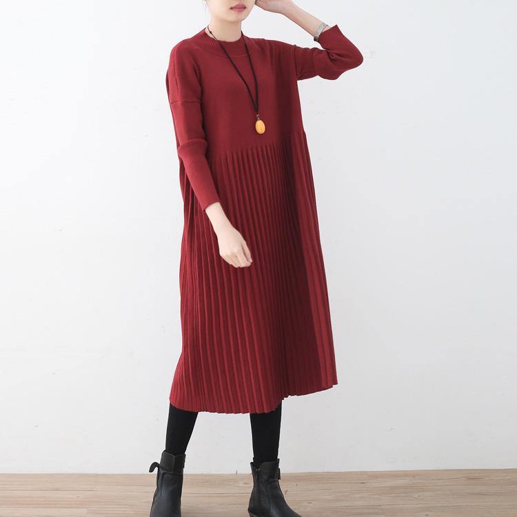 women red long sweaters oversized o neck sweater top quality wrinkled fall dresses - Omychic