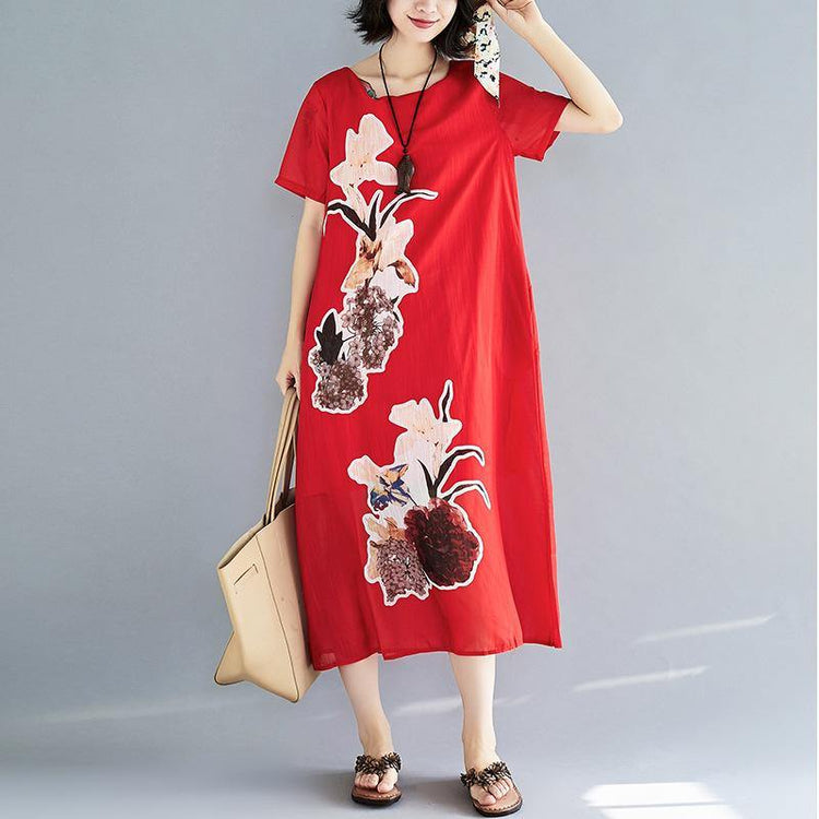women red prints blended  maxi dress Loose fitting o neck silk clothing dress top quality short sleeve  caftans - Omychic