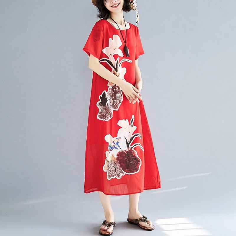 women red prints blended  maxi dress Loose fitting o neck silk clothing dress top quality short sleeve  caftans - Omychic