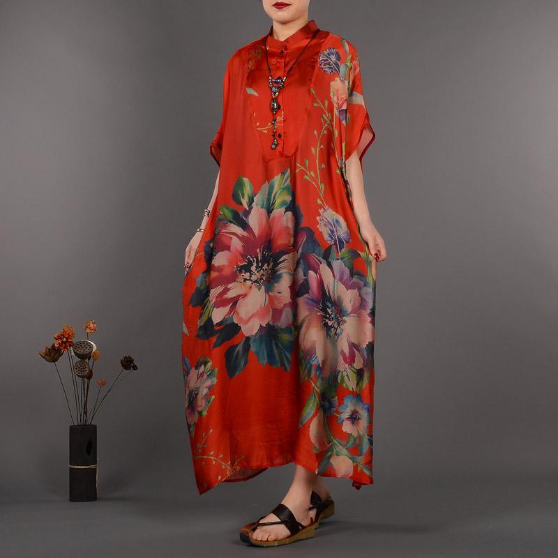 women red prints long silk dresses casual stand collar silk clothing dress casual Chinese Button maxi dresses - Omychic