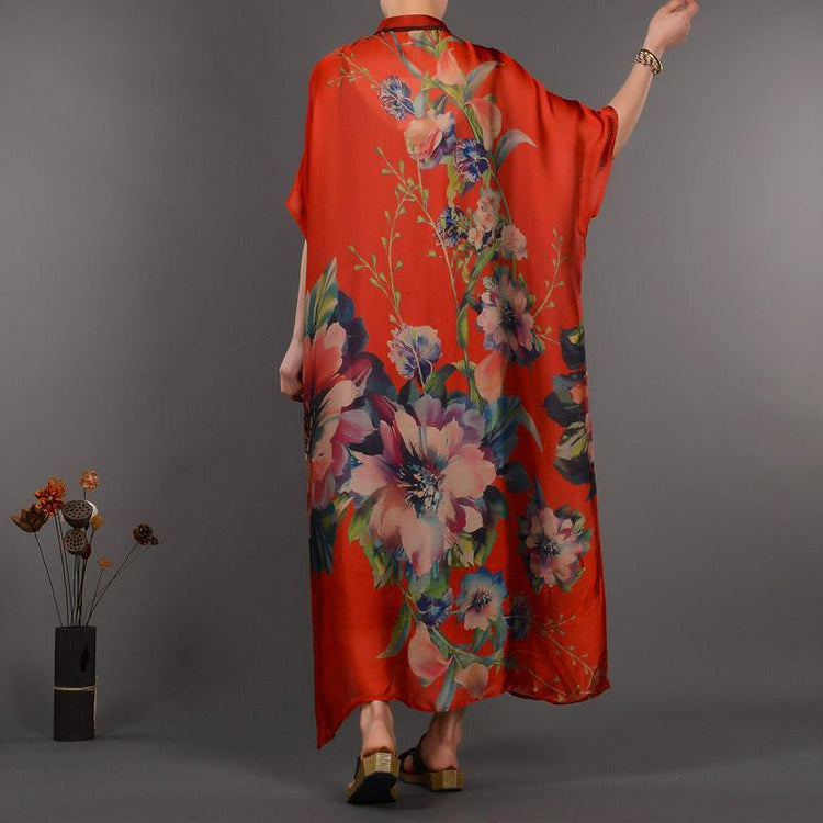 women red prints long silk dresses casual stand collar silk clothing dress casual Chinese Button maxi dresses - Omychic