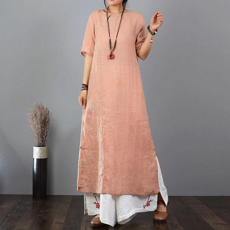 women summer dress oversize Cotton Linen Round Neck Short Sleeve Pink Dress - Omychic