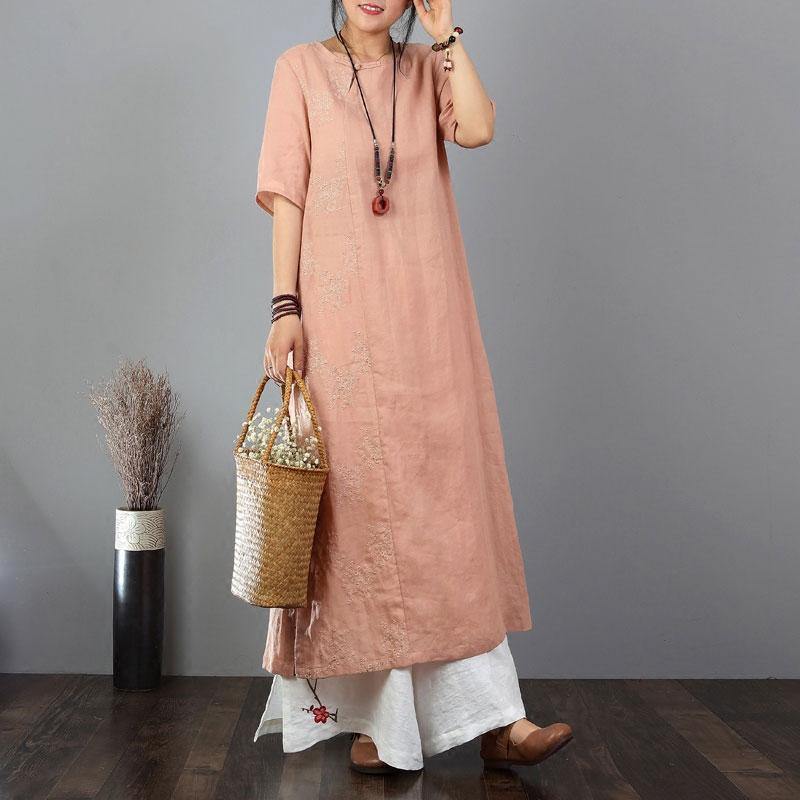 women summer dress oversize Cotton Linen Round Neck Short Sleeve Pink Dress - Omychic