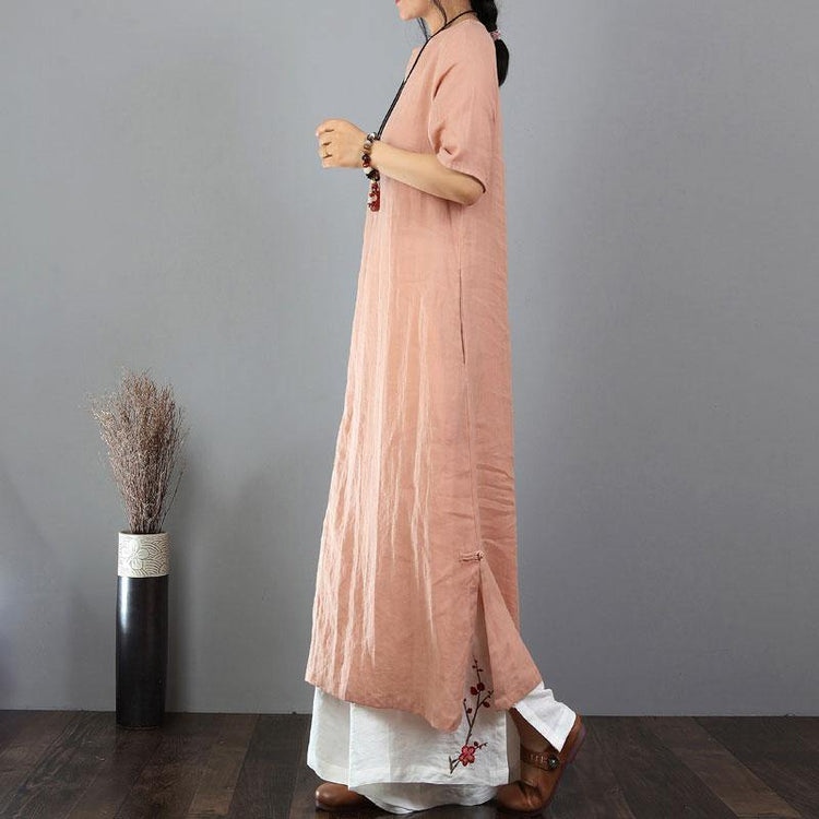 women summer dress oversize Cotton Linen Round Neck Short Sleeve Pink Dress - Omychic