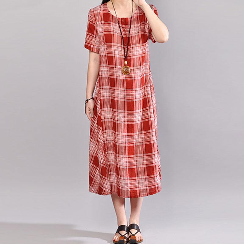 women summer maxi dress plus size clothing Cotton Short Sleeve Pullover Red Plaid Dress - Omychic
