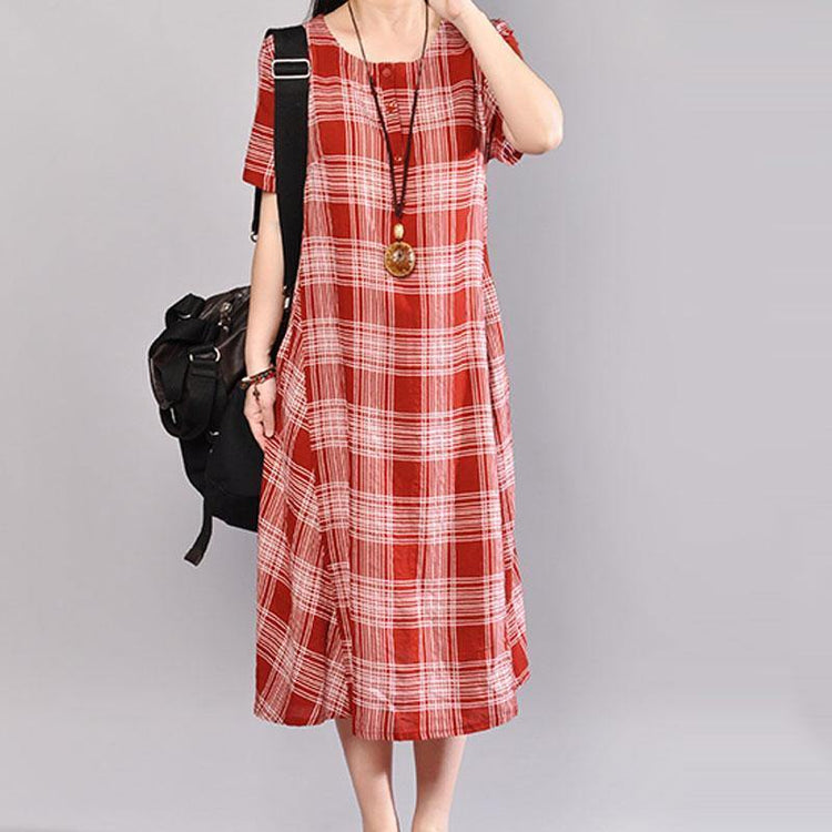 women summer maxi dress plus size clothing Cotton Short Sleeve Pullover Red Plaid Dress - Omychic