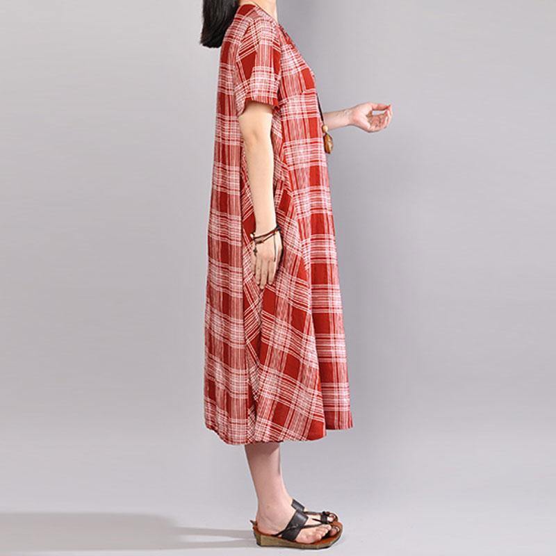 women summer maxi dress plus size clothing Cotton Short Sleeve Pullover Red Plaid Dress - Omychic