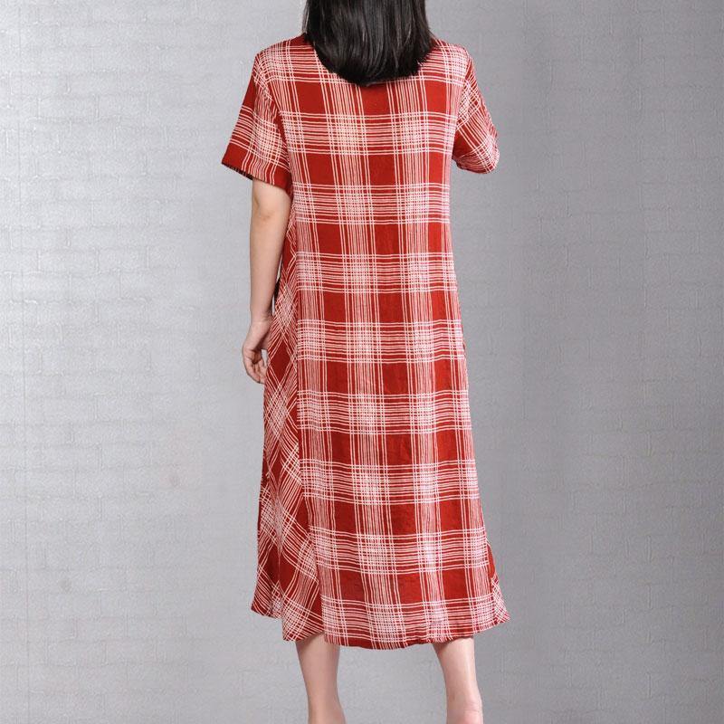 women summer maxi dress plus size clothing Cotton Short Sleeve Pullover Red Plaid Dress - Omychic