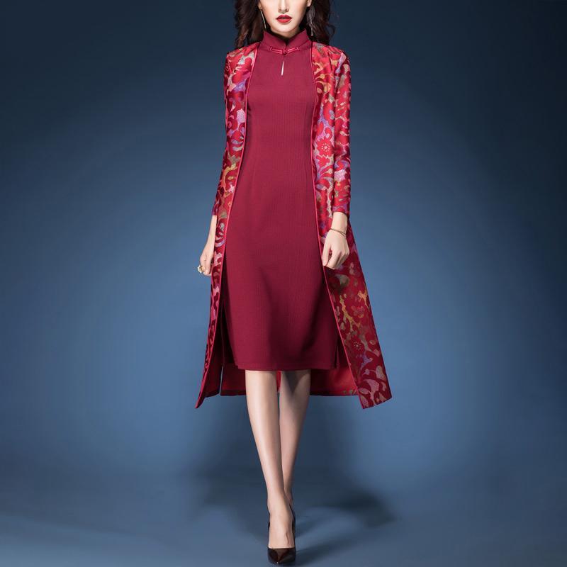 women top quality two pieces cotton blended trench coats red prints and fahion mid dress - Omychic