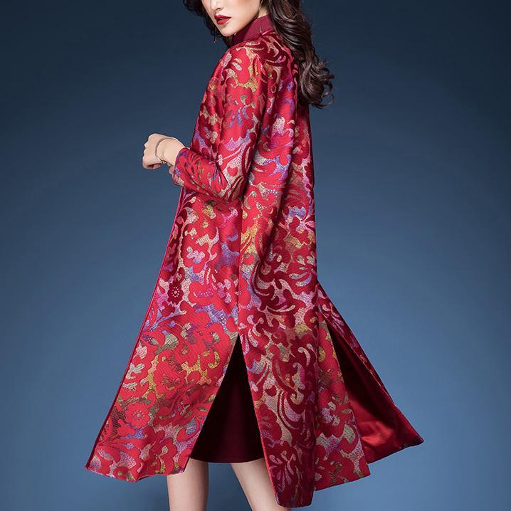 women top quality two pieces cotton blended trench coats red prints and fahion mid dress - Omychic