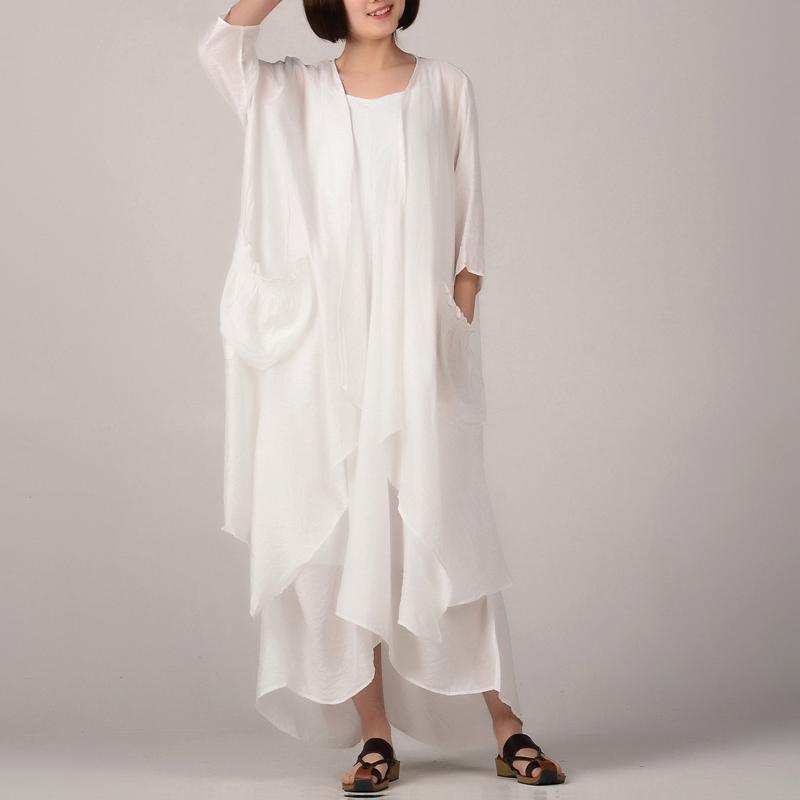 women white cotton dresses plussize asymmetric cardigan women sleeveless kaftans two pieces - Omychic