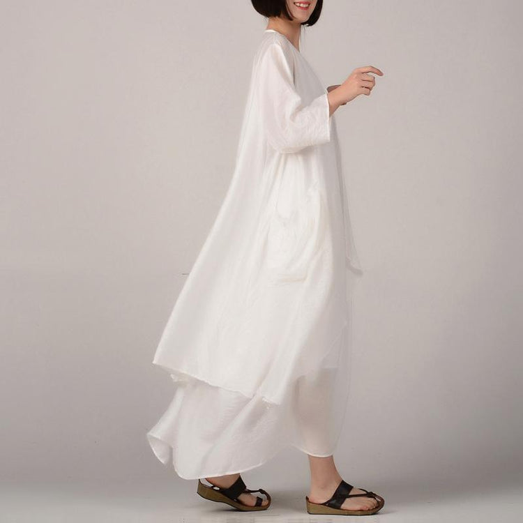 women white cotton dresses plussize asymmetric cardigan women sleeveless kaftans two pieces - Omychic