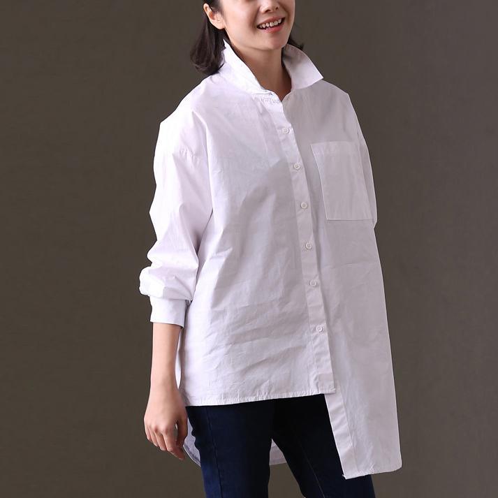 women white cotton tops plus size clothing shirts Elegant big pockets asymmetric hem cotton shirts - Omychic