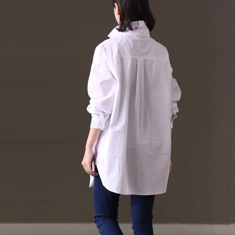 women white cotton tops plus size clothing shirts Elegant big pockets asymmetric hem cotton shirts - Omychic